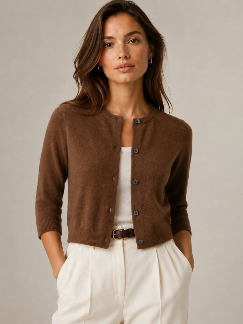 NEW Jill Roberts 100% Cashmere Cropped Cardigan XS Brown Crew Neck 3/4 Sleeve